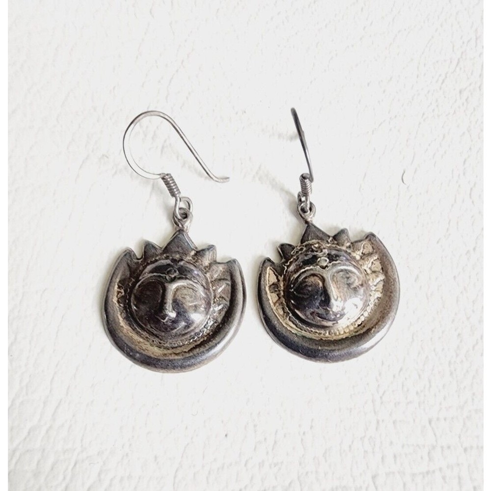 925 Sterling Silver Vintage Mexico Sun Face Design Hollow Earrings